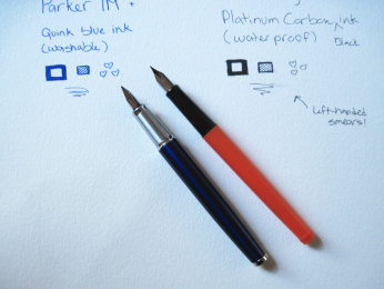 The Parker is the blue pen on the left, the Sailor is the orange pen on the right