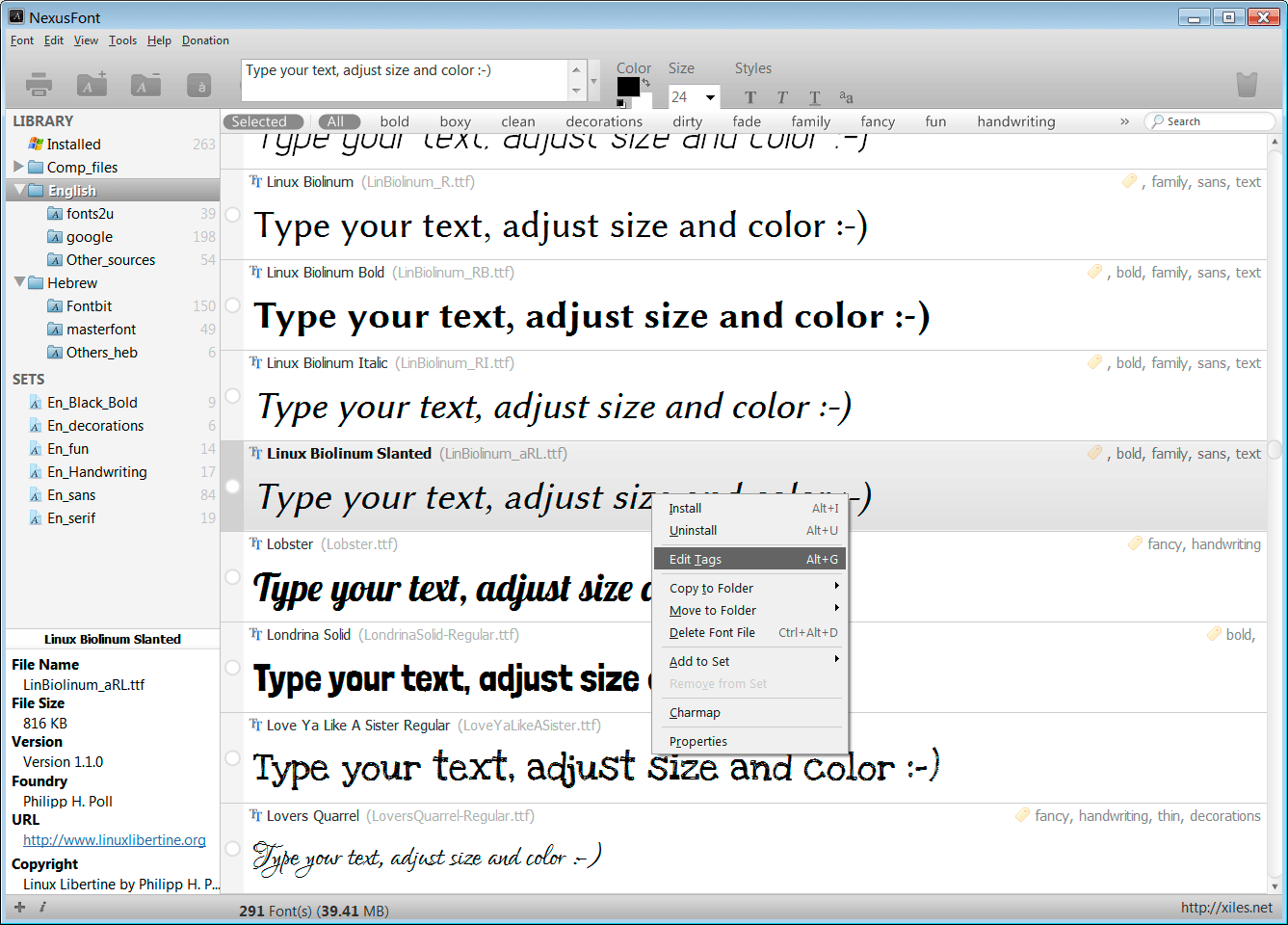 Right click a font to add/edit tags